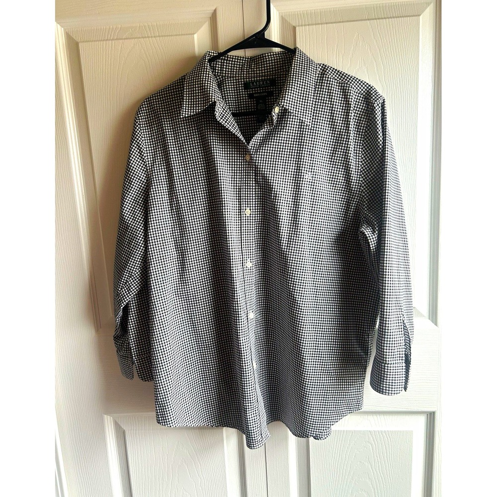 Lauren Ralph Lauren Non-Iron Women's XL Long Sleeve Check Button-Up Black White